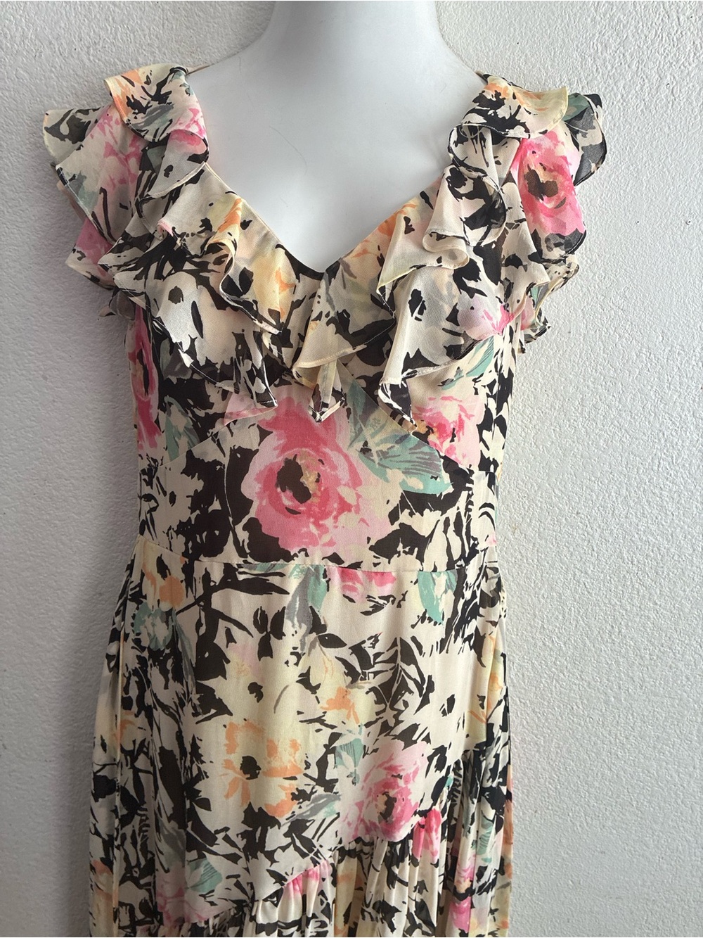 Ralph Lauren Floral Chiffon Gown Maxi Dress Cream with Pink Floral Print 10 - Picture 7 of 16
